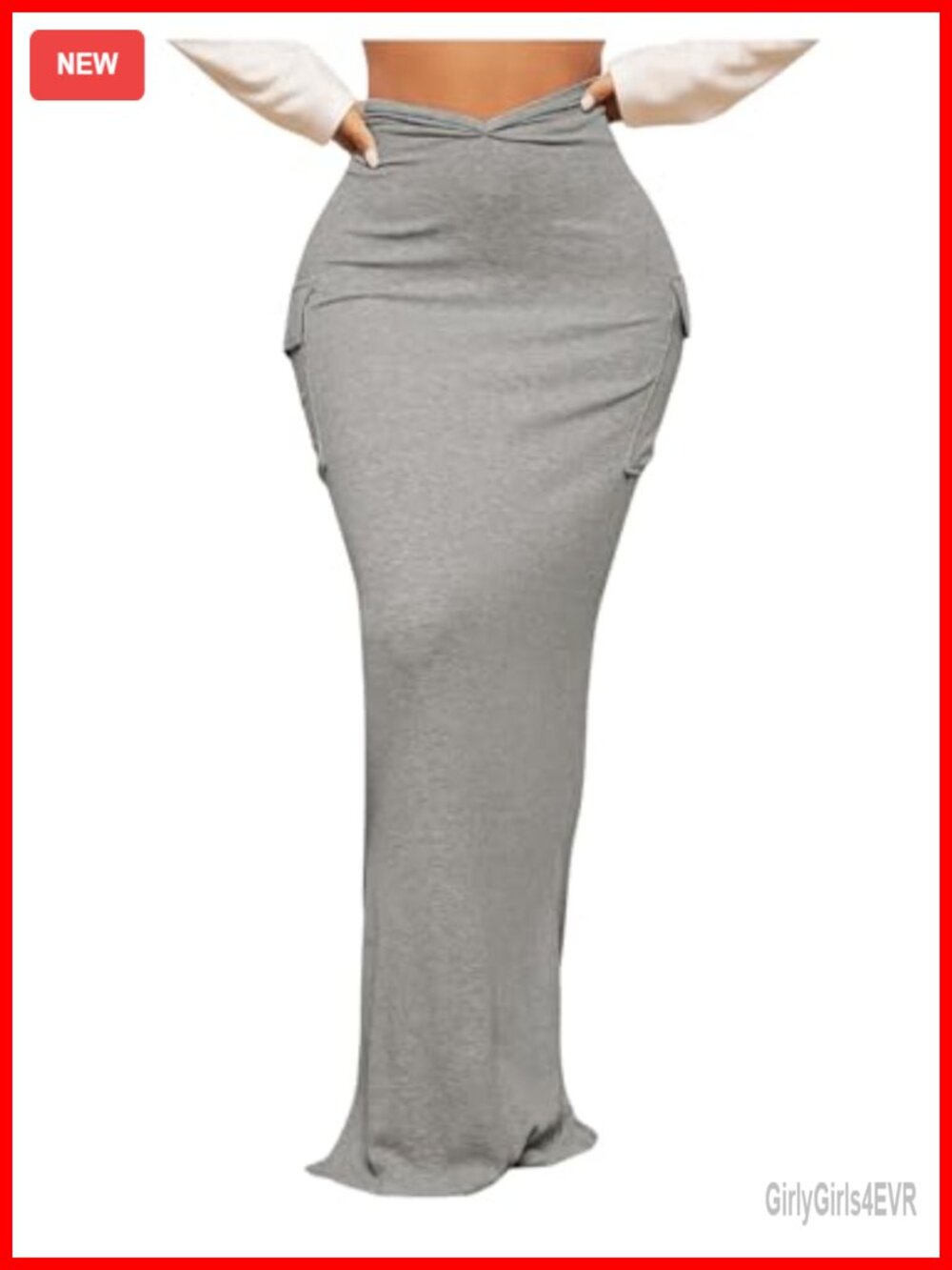 High Waisted Bodycon Maxi Skirt with Split Hem and Pockets